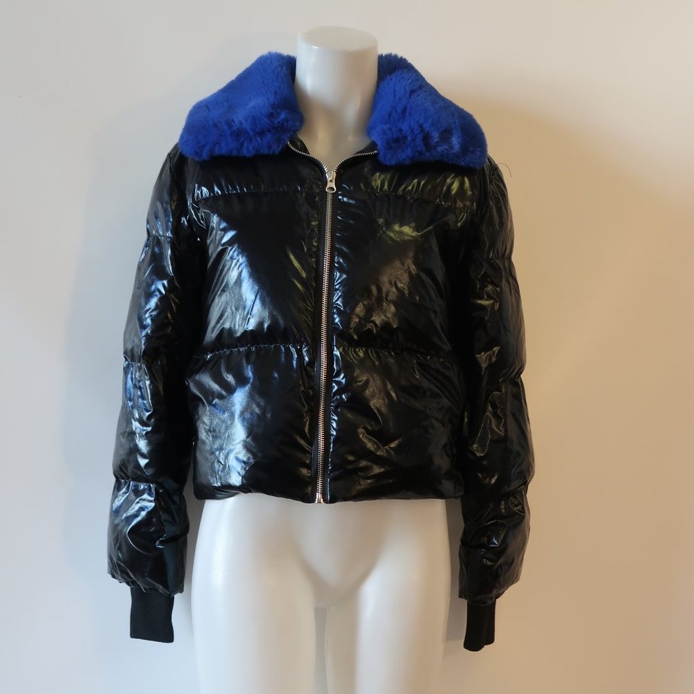 Womens Central Park West Black Blue Faux Fur Collar Puffer Bomber Jacket S * - Picture 2 of 12